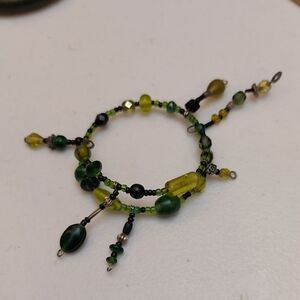 Green Tones Glass Beads Beaded Wire Wrap Bracelet Adjustable
